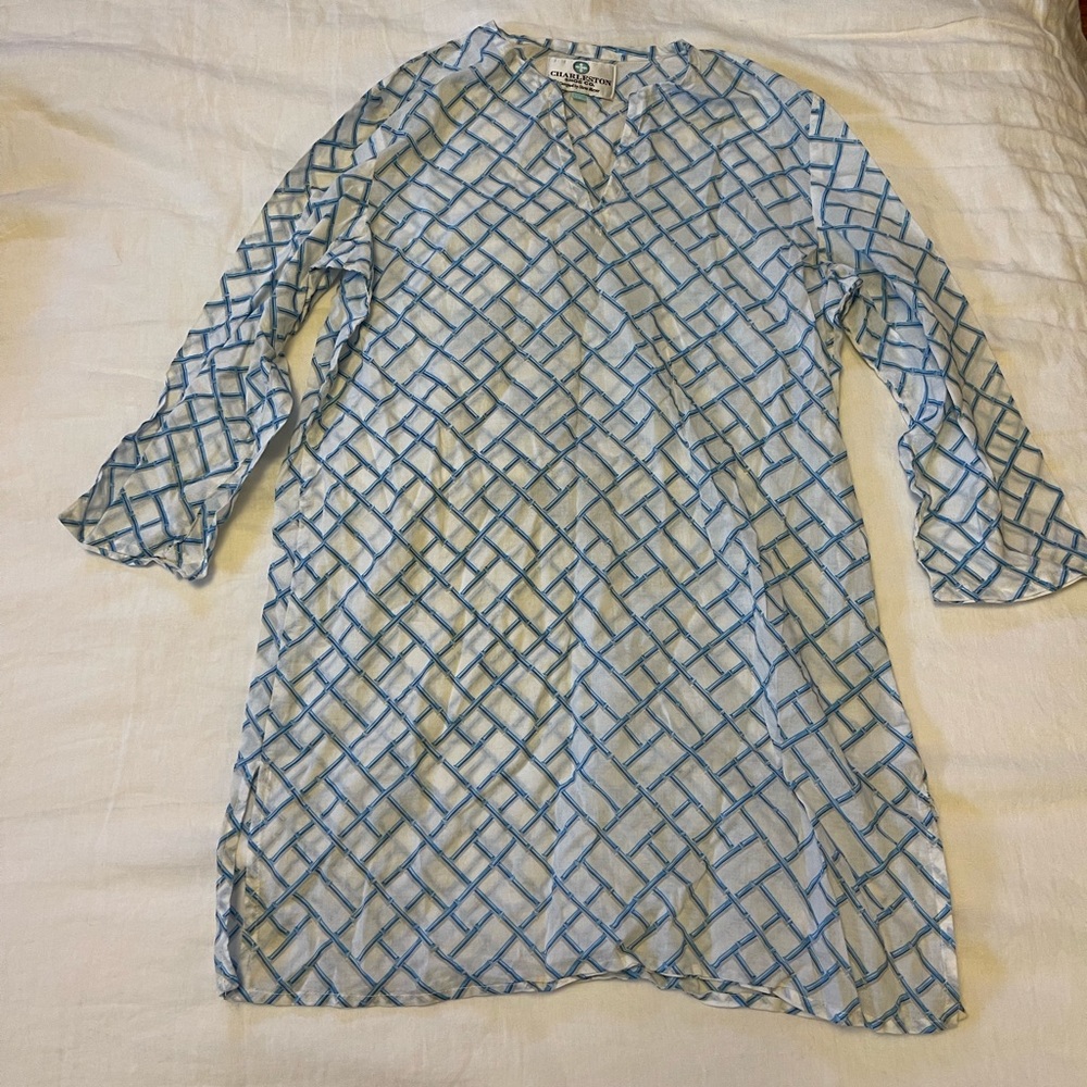 CHARLESTON SHOE CO. White Swim Coverup with Blue Lattice Pattern
